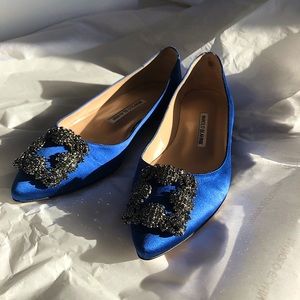 Manolo Blahnik Hangisi Blue Satin Flats